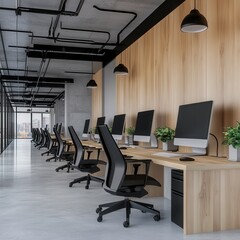 Modern Office Interior Design A Sleek and Minimalist Workspace Featuring Desks, Chairs, and Computers Explore this contemporary office space with natural light, clean lines, and wooden accents