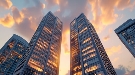 Obraz premium Illuminated Skyscrapers at Sunset, Pixel Art City Skyline