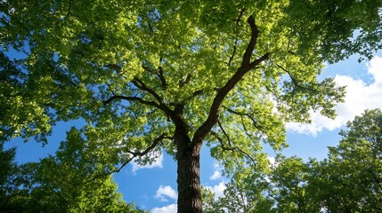 Fototapeta premium Majestic tree with sprawling branches and vibrant leaves under a blue sky in a lush forest : Generative AI