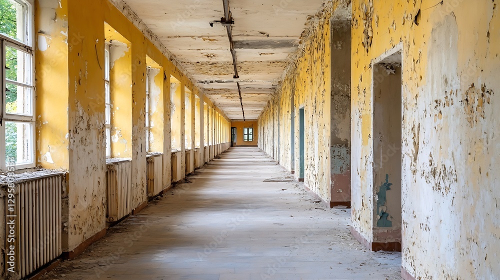 Poster abandoned corridor showcasing peeling paint and vintage architecture in an eerie abandoned building 