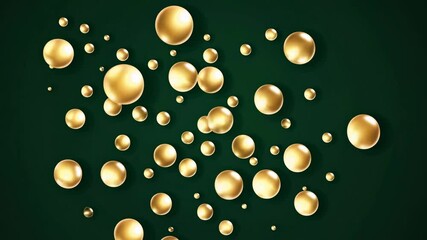 Golden spheres drift gracefully across a rich green backdrop, creating a captivating visual display. The arrangement is mesmerizing, drawing the viewer's attention and imagination.