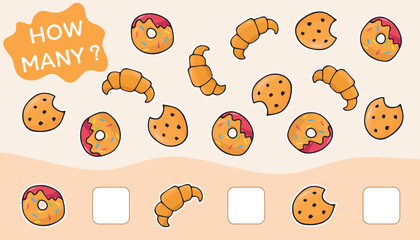 Child's play. A game for counting numbers. Numbers. cheerful math. puzzle. The development of the mogza. Games for children. Fun games. drawings of food at the game. vector. 