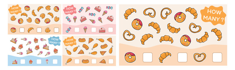 Child's play. A game for counting numbers. Numbers. cheerful math. puzzle. The development of the mogza. Games for children. Fun games. drawings of food at the game. vector. 