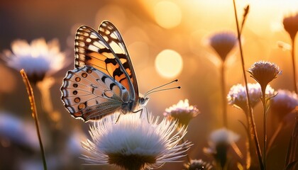 Close-Up of a Butterfly Resting on a Wildflower, Showcasing Delicate Wings and Intricate Patterns