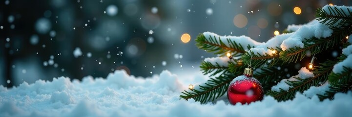 Gentle snowfall settles on a bed of fir branches with twinkling ornaments, festive, tree, flake