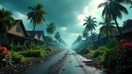 Fototapeta premium Serene tropical residential street with lush vegetation and glistening wet pavement after a gentle rain