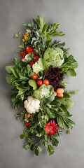 Fototapeta premium Fresh Harvest of Green Vegetables and Colorful Produce on Grey Background