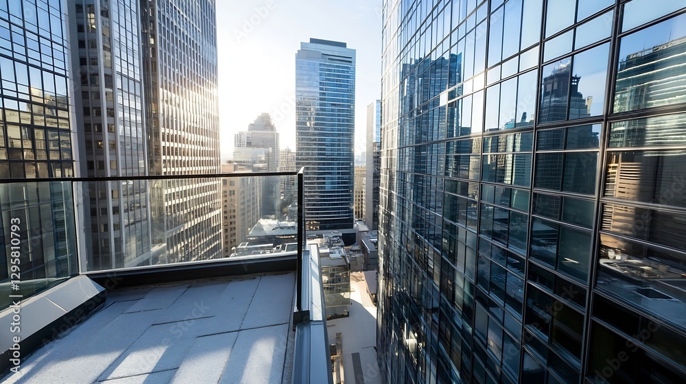 Poster stunning view of a city skyline with modern glass buildings reflecting the sun's rays in urban setti
