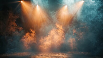 Fototapeta premium Dramatic spotlight illuminating a dark background with swirling smoke and glowing embers for cinematic texture overlays.