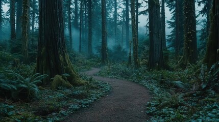 Fototapeta premium Mystical Forest Path Winding Trail Through Mossy Trees and Fog