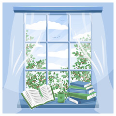 Fototapeta premium Spring window with landscape and books on the sill. Cozy vector illustration for bookstore, library, sale in bookshop. 