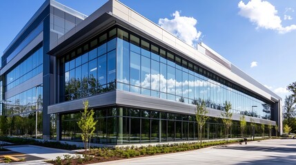 Obraz premium Stunning modern building with large glass windows and green landscape : Generative AI