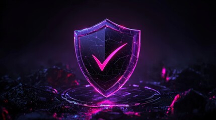 A digital security shield with a glowing checkmark in the center