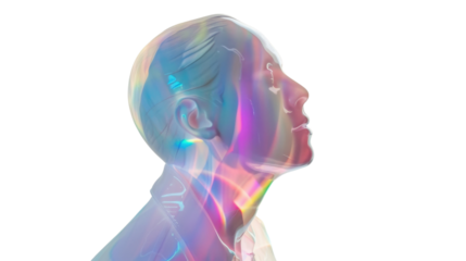 Transparent holographic bust reflecting rainbow colors on transparent background