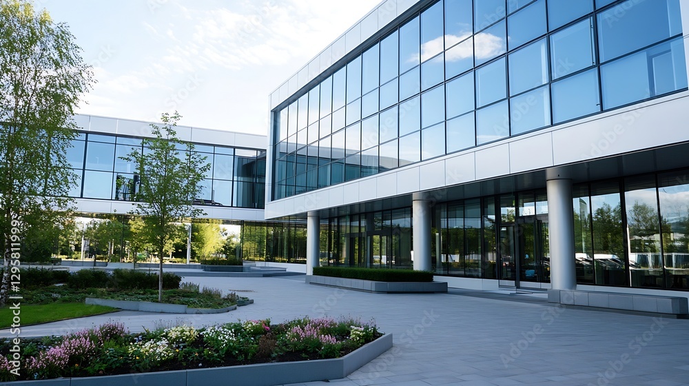Poster modern office building with large glass windows surrounded by landscaped gardens and open spaces : g