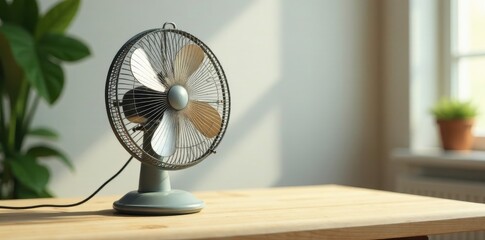 A small desk fan sits on a light wood surface, near a potted plant and a bright window, offering a refreshing breeze.