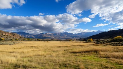 Naklejka premium Expansive Landscape of Open Fields and Mountains Under a Bright Blue Sky : Generative AI