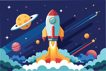 Colorful vector illustration of a rocket launching into space against a starry night sky with fluffy clouds