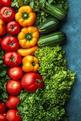A variety of fresh vegetables laid out on a blue surface