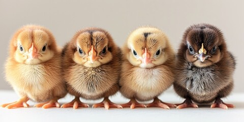 Four fluffy chicks in a row display different feather colors and adorable expressions