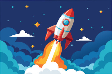 Colorful vector illustration of a rocket launching into space against a starry night sky with fluffy clouds