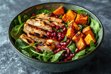 A vibrant salad bowl featuring fresh spinach, arugula, grilled chicken strips, roasted sweet potatoes, pomegranate seeds, and a light vinaigrette drizzle, presented in a minimalist setting