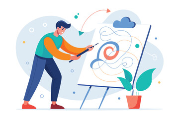 Creative individual engaged in a minimal vector illustration process with colorful elements and abstract designs in a relaxed environment