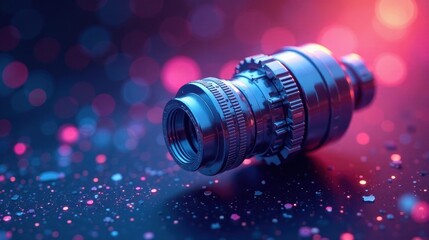 Close-up of a sophisticated metallic lens resting on a shimmering surface illuminated by vibrant bokeh lights.