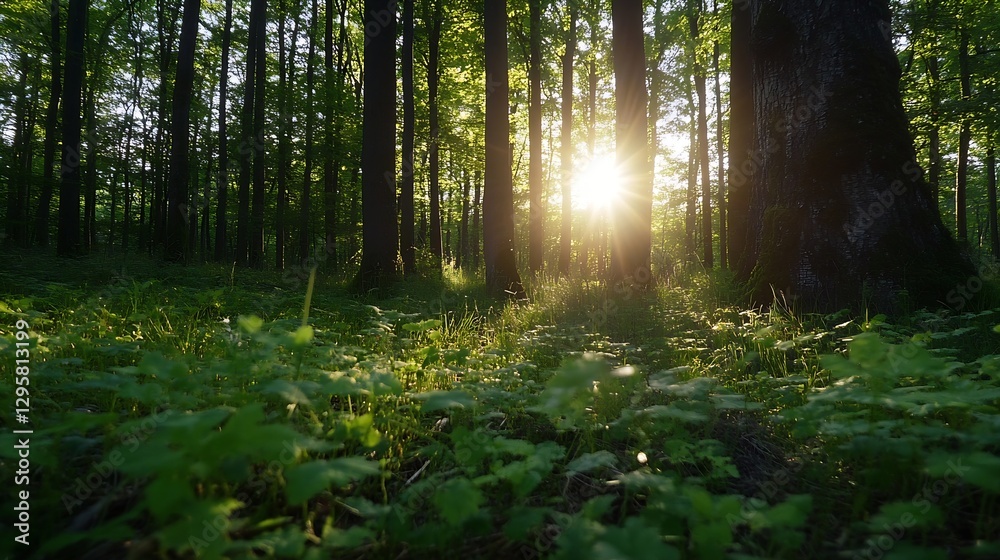 Poster Enchanting forest scenery with sunlight streaming through trees : Generative AI