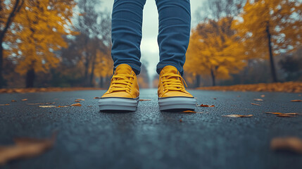 Vibrant yellow shoes stand out on a rainy autumn day in a park filled with golden leaves. Generative AI