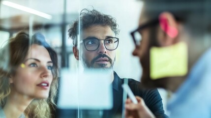 A group of professionals brainstorming in a modern office. Featuring creative thinking and problem-solving