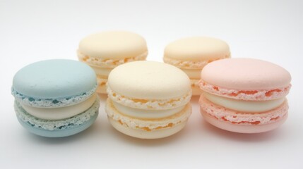 Obraz premium Colorful Assortment of French Macarons on White Background Perfect for Sweet Treats and Dessert Concepts