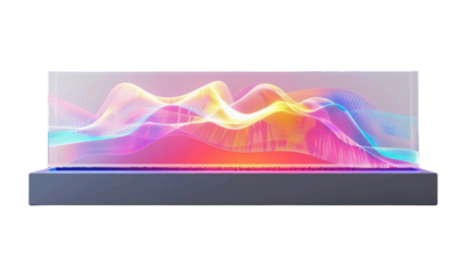 Abstract colorful light wave flowing in transparent glass box with transparent background