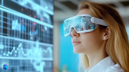 Futuristic Woman Analyzing Data with Augmented Reality Glasses Explore the future of technology with this captivating image of a young woman immersed in data analysis using augmented reality glasses