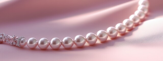 Obraz premium Elegant Close-Up of a Luxurious Pearl Necklace with Sparkling Accents on a Soft Pink Satin Background