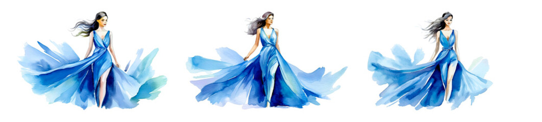 Set of 3 High fashion women runway model sketch - Blue