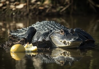 Fototapeta premium Alligator Relaxing on Shoreline with Lemon, Calm Water Reflections, Nature Scene in Sunlight, Wildlife Close-Up, Freshwater Habitat, Serene Environment