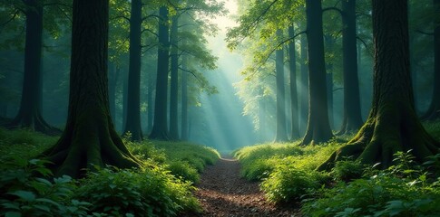 Obraz premium A dense forest with towering trees and underbrush, undergrowth, wilderness