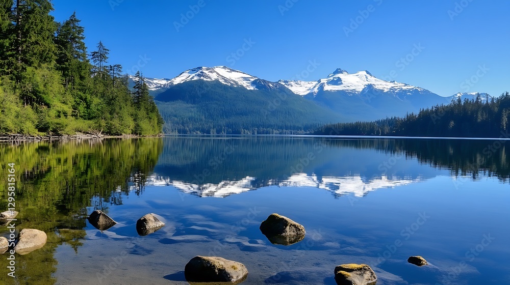 Poster scenic view of tranquil lake surrounded by lush trees and majestic mountains under clear blue sky : 