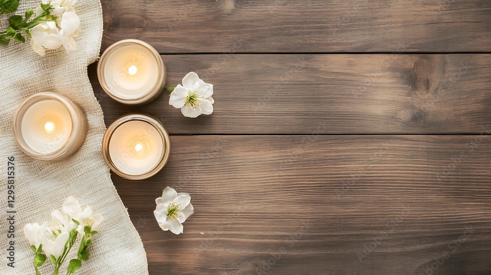 Poster elegant candles and fresh blooms creating a cozy ambiance on a rustic wooden table : generative ai