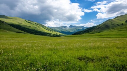 Obraz premium Expansive green meadow with hills under bright cloudy sky offering a picturesque landscape : Generative AI