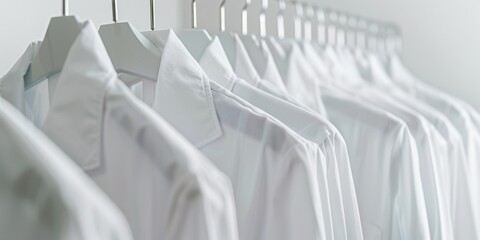 Row of clean white shirts on hangers in minimalist closet setting