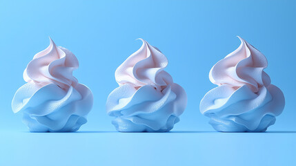 Soft serve ice cream swirls in pastel blue and pink colors arranged on a solid blue background. Generative AI
