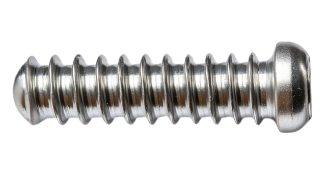 A close-up of a silver metal screw with detailed threads, isolated on a transparent background.