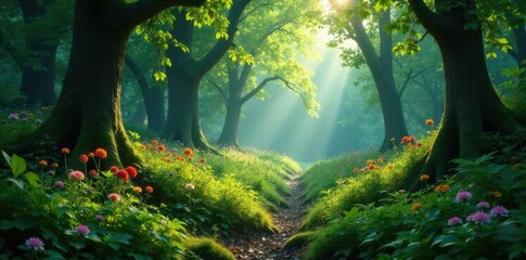 Lush forest undergrowth with ferns and wildflowers, shade, wildflowers