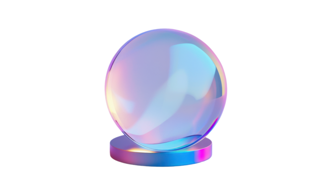 Iridescent crystal ball sitting on a colorful pedestal with transparent background