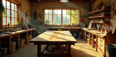 Sunlit Artisan Workshop A Craftsperson's Haven Filled with Wooden Workbenches, Tools, and Earthenware