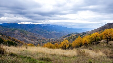 Vast Mountain Landscape with Autumn Colors and Overcast Sky in Nature's Splendor : Generative AI