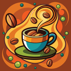 Obraz premium Warm cup of coffee with steam rising surrounded by coffee beans and leaves in a vibrant vector illustration on a yellow background