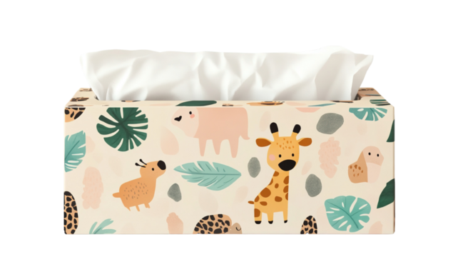 A tissue box featuring a cute animal print design, isolated on a transparent background.